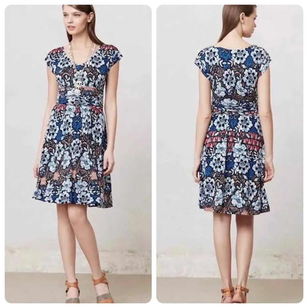 EUC Anthropologie MEADOW RUE Batik Gardenia Cap Sleeve Blue Floral Dress